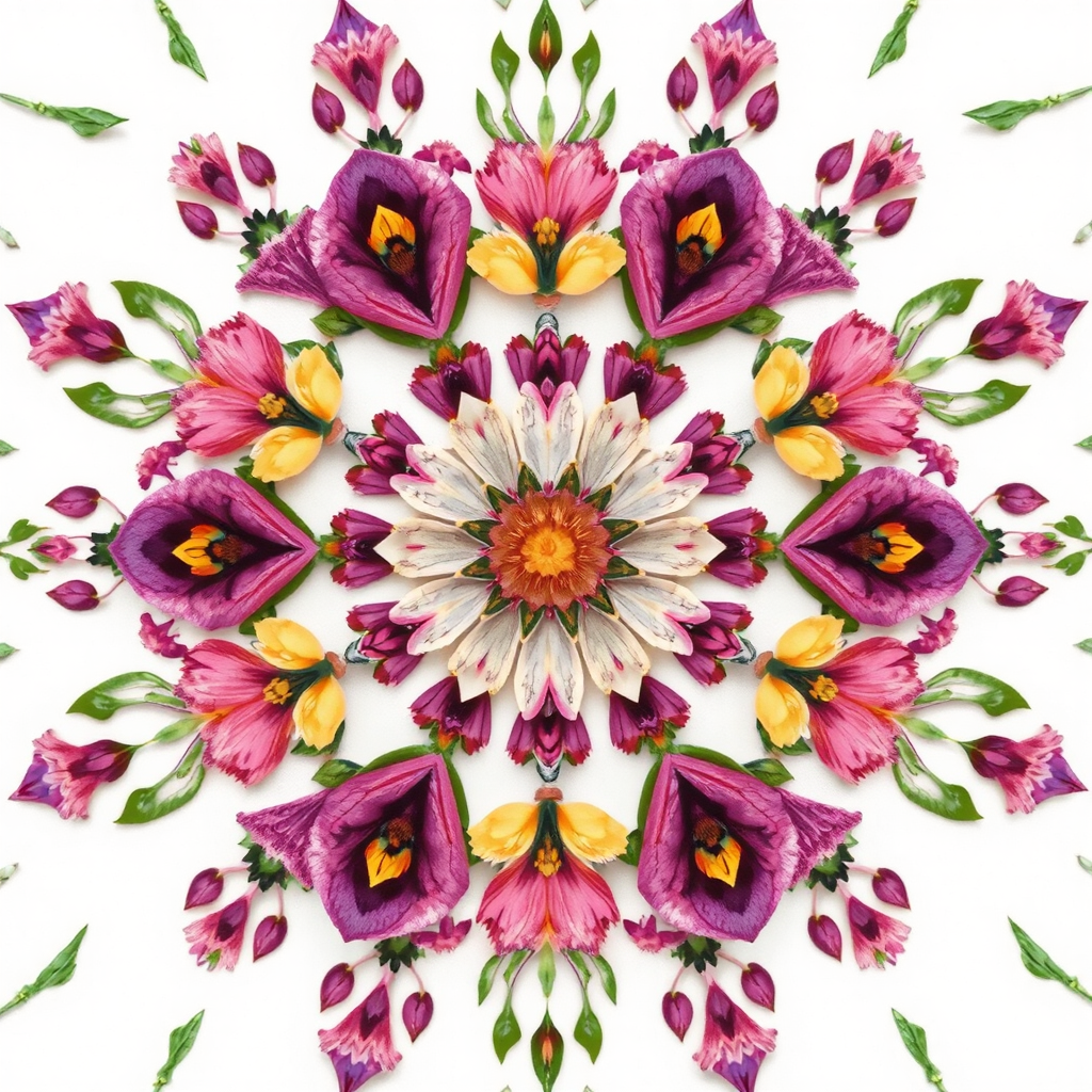 En blomster mandala med röda blommor, en symbol för ett öppet hjärta