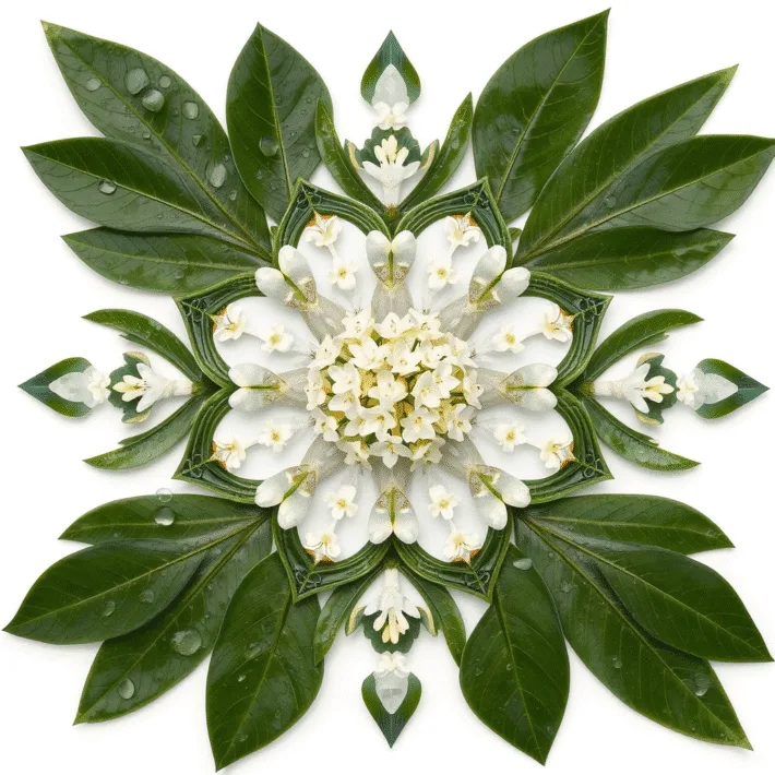 Gröna löv och vit blomma i ett mönster som symboliserar att göra en husrening, en energibehandling som Karolina Eleonora gör.