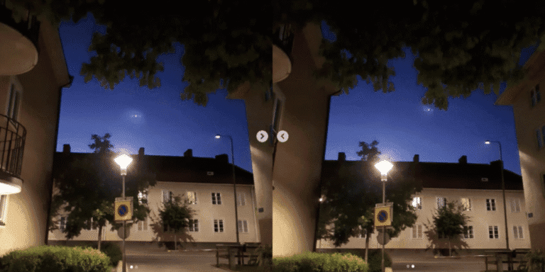 Bostadsområde med ett 7D Pleiadian skepp som fotats emot blå kvällshimmel