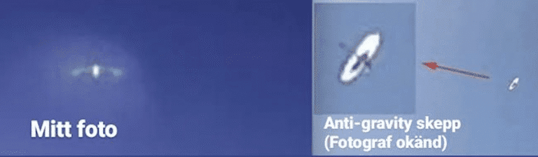 Foton av två Pleiadian antigravity plasma skepp mot blå himmel, ena fotot är fotat på kvällen och den andra på dagen av en oval disk.