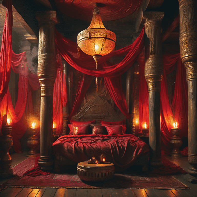 Lyran inspirerat kärlekstempel med röd sammetsinredning, gyllene pelare, ornamentik och eterisk belysning – heligt sovrum för twinflames och galaktisk tantra.