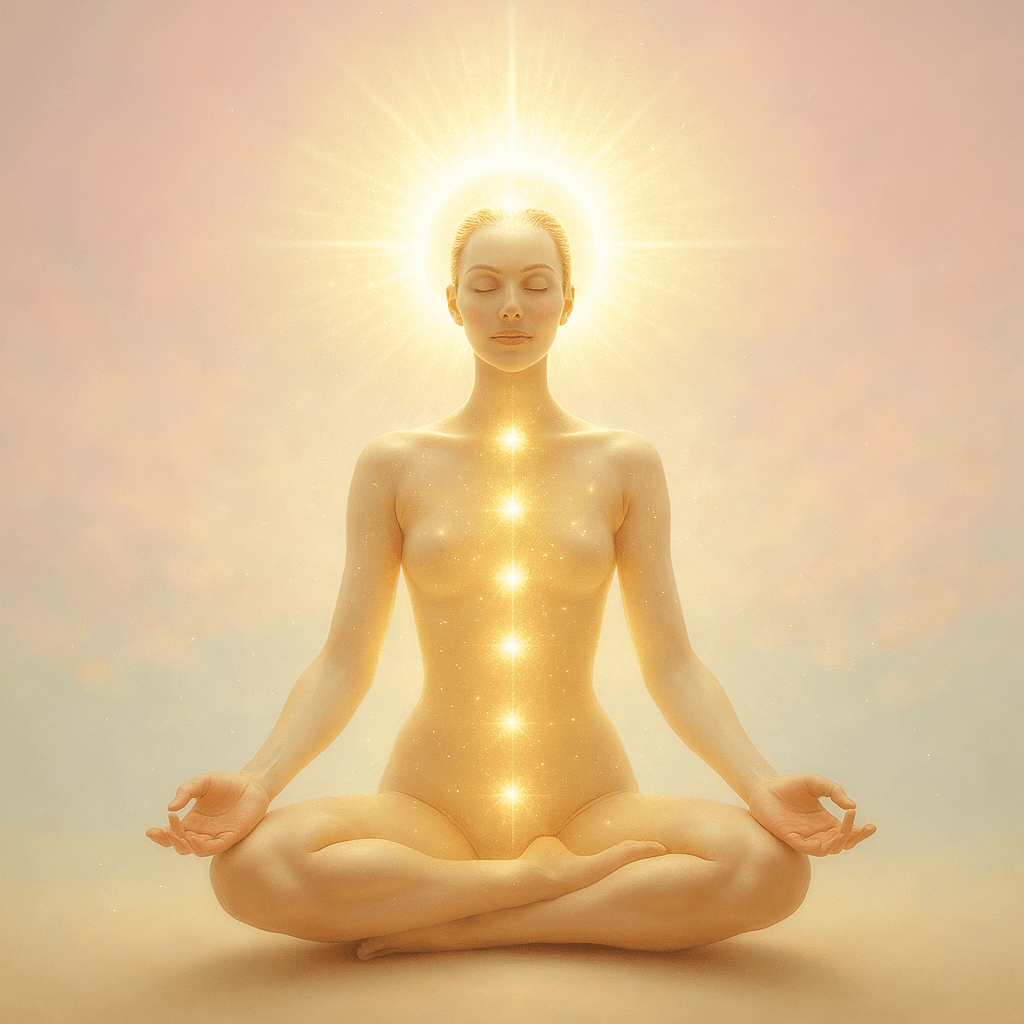 En guldkvinna i lotusställning med sina 7 chakran i guld, en symbol av Super Uppgraderingen healingbehandling som Karolina Eleonora ger.