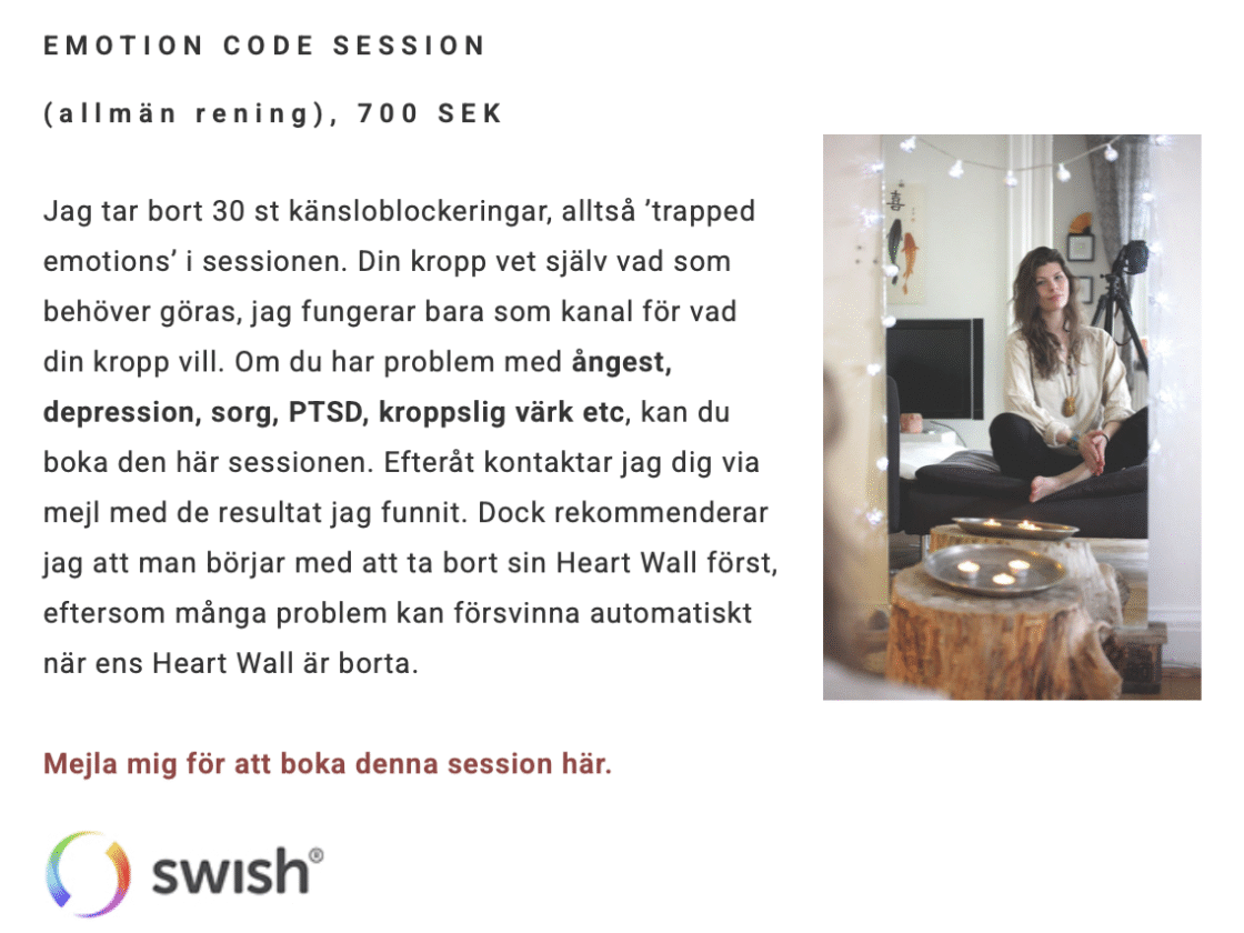 Karolina Eleonora är en populär Certifierad Emotion Code healer i Sverige som hjälper klienter att tömma sitt emotionella bagage med energi healing.