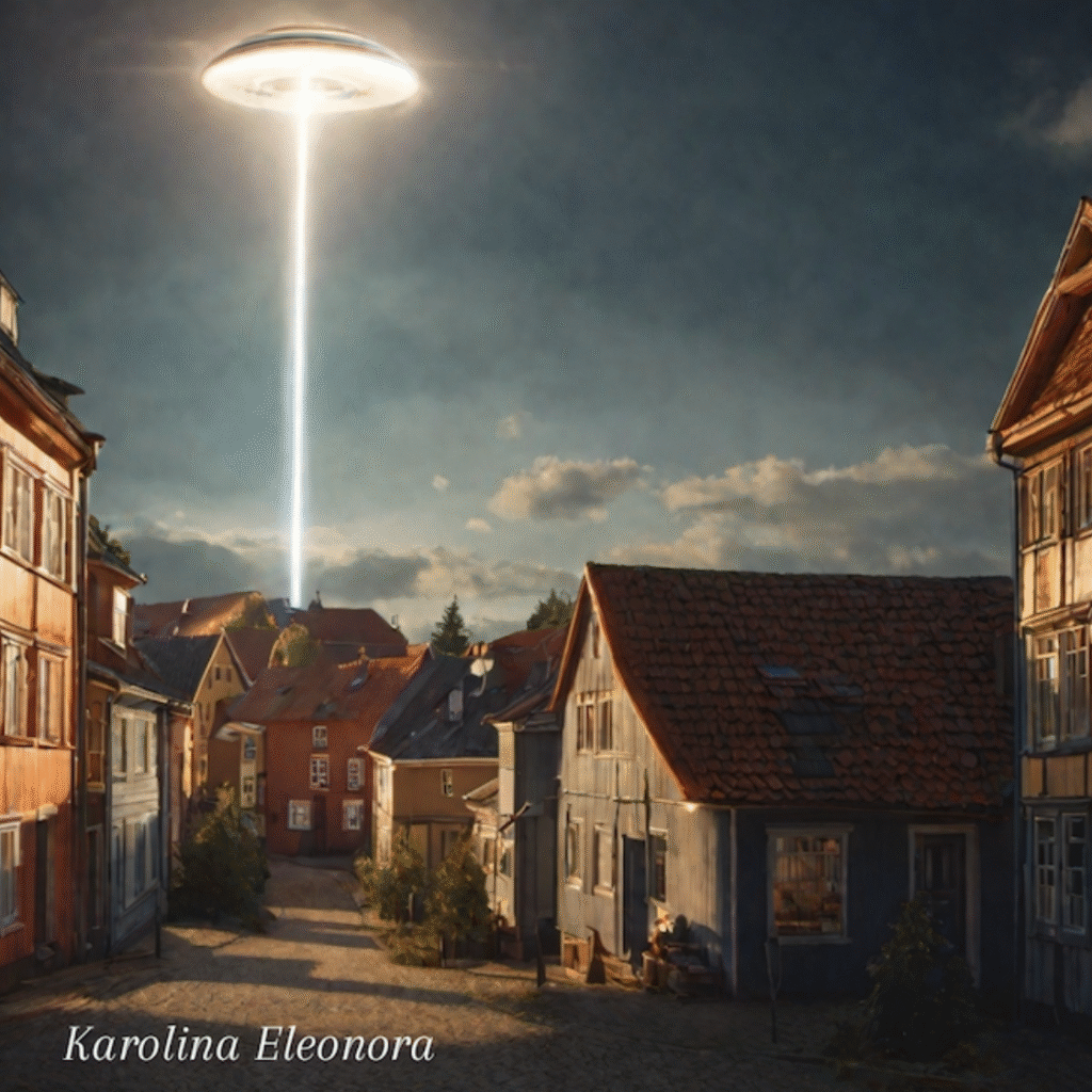 Pleiadian skepp strålar ner en stråle över ett hustak i svensk kullerstens stadsmiljö mot en blå himmel.