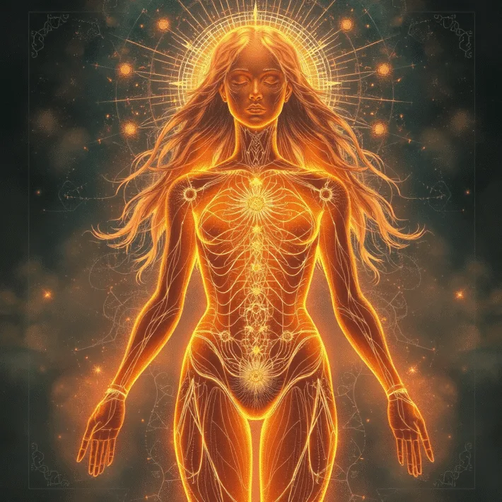 En eld-kvinna i perfekt hälsa från Kristallina Kropps Uppgraderingen en energihealing behandling.