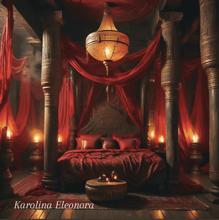 Pleiadian sovrum ombord på ett rymdskepp i röda toner.