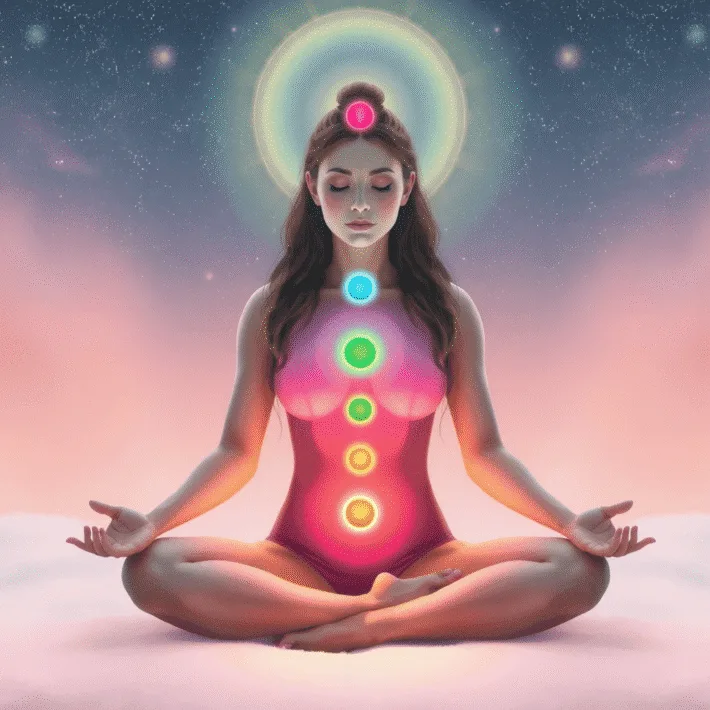 Kvinna mediterar med färgstarka chakran, ett tecken på rena chakran man får i Chakrareningen av Karolina Eleonora