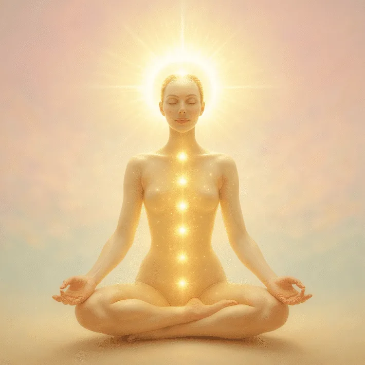 Kvinna mediterar med lysande chakran efter Super Uppgraderingen.