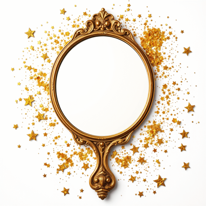 En guldspegel med glitter och stjärnor - en symbol för Emotion Code sessionerna i Power Paketet