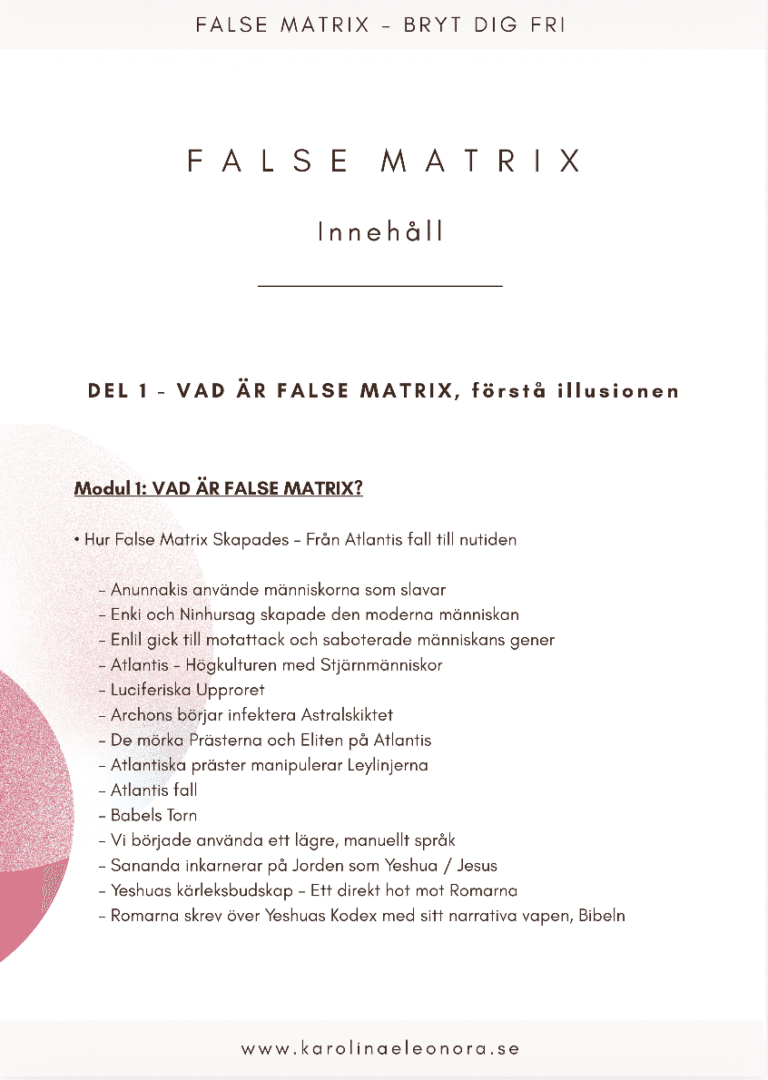 False Matrix innehållsförteckning, text med rosa och ljusrosa halvcirklar