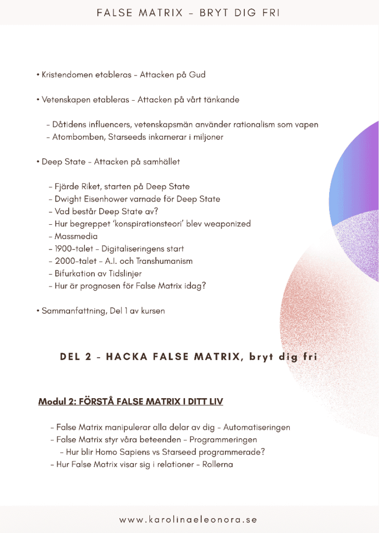 False Matrix innehållsförteckning, text med lila och ljusrosa halvcirklar