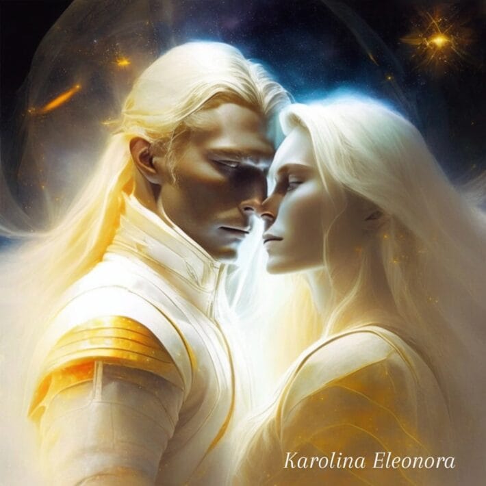 Ett blont Pleiadian kärlekspar och Twinflames med rymden i bakgrunden.