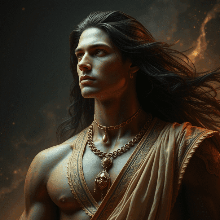 En mörkhårig Pleiadian man står rakryggad med guldsmycken.